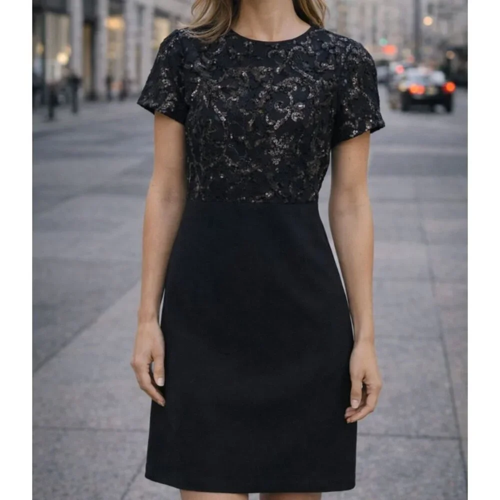 Brooks Brothers Black Short Sleeve Cocktail Sequins Dress Size 2